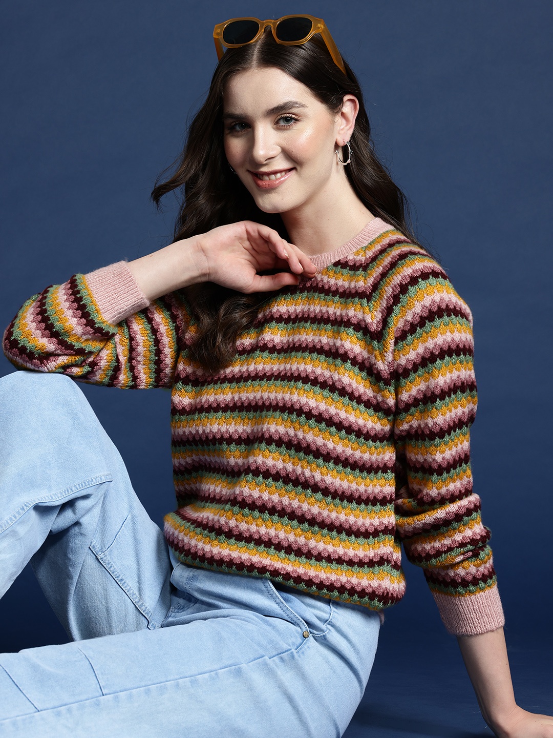 

Mast & Harbour Striped Raglan Sleeves Pullover, Rose