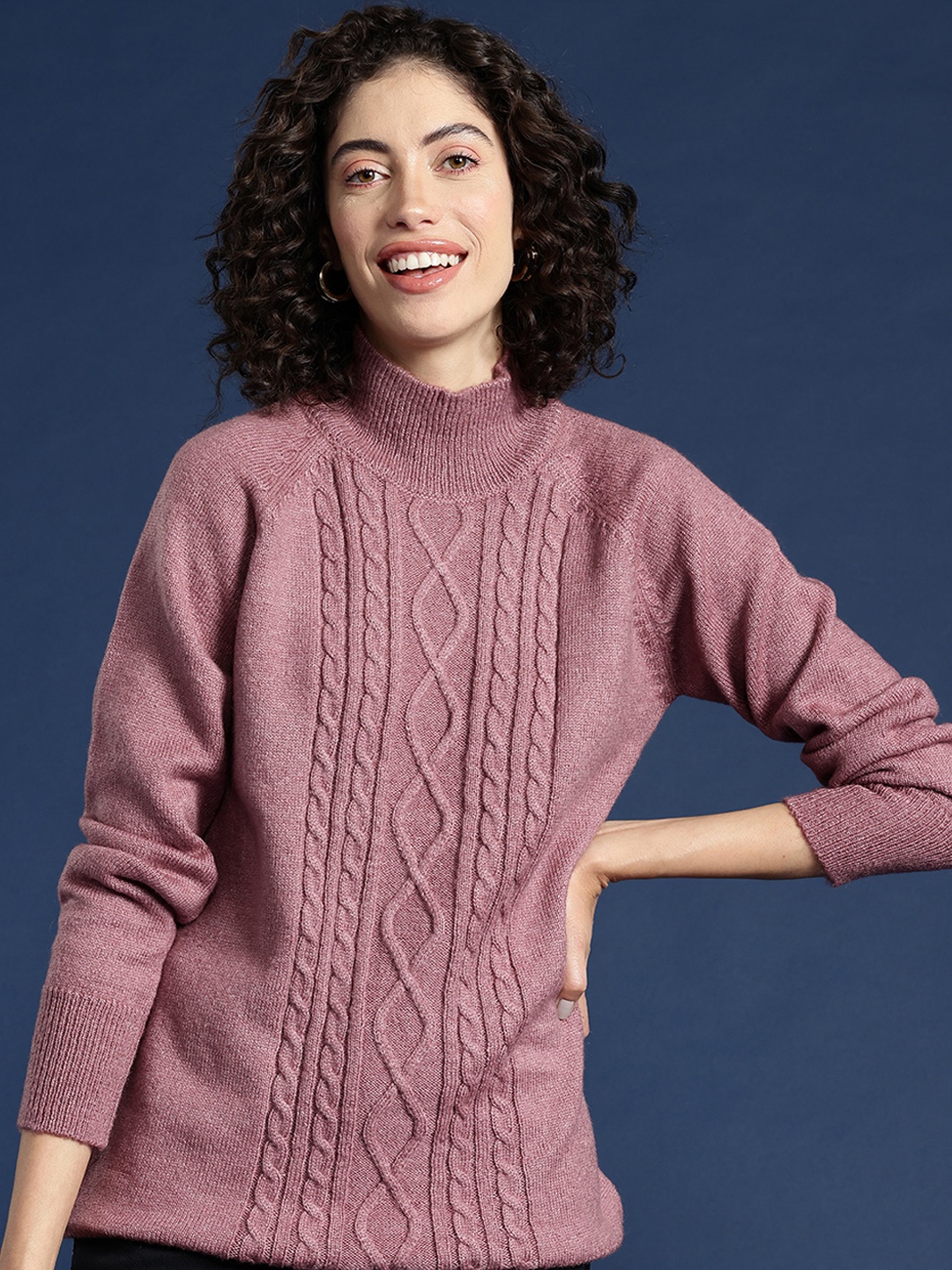 

Mast & Harbour High Neck Cable Knit Longline Pullover, Rose