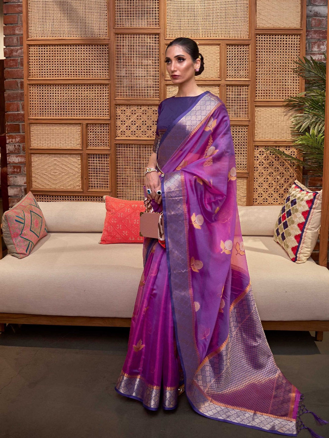 

Mitera Purple & Violet Floral Woven Design Zari Organza Banarasi Saree