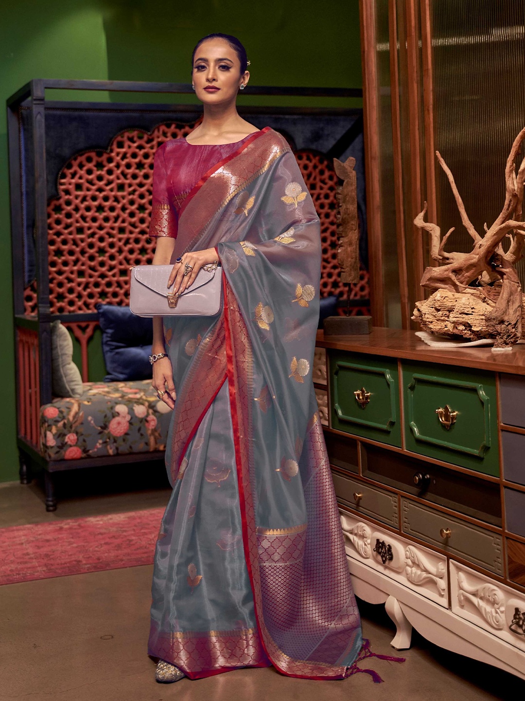 

Mitera Grey Floral Woven Design Zari Organza Banarasi Saree