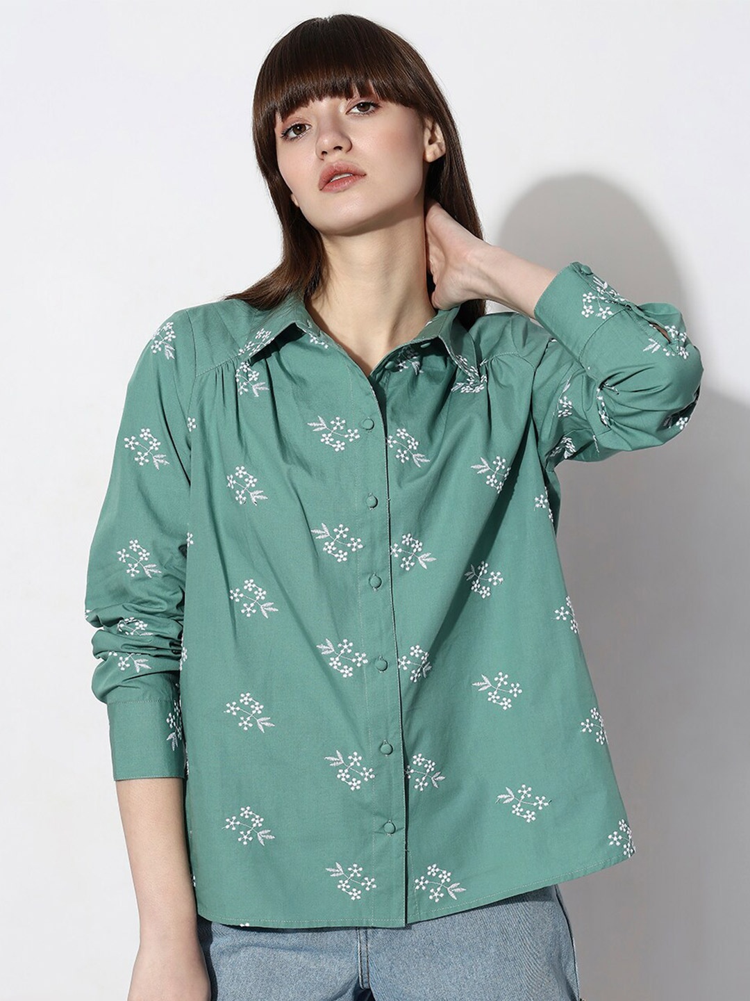 

Vero Moda Pleated Floral Printed Casual Cotton Shirt, Green