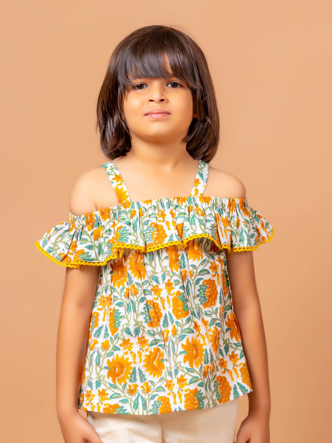 

Sangria Girls Floral Printed Pure Cotton Bardot Top, Yellow