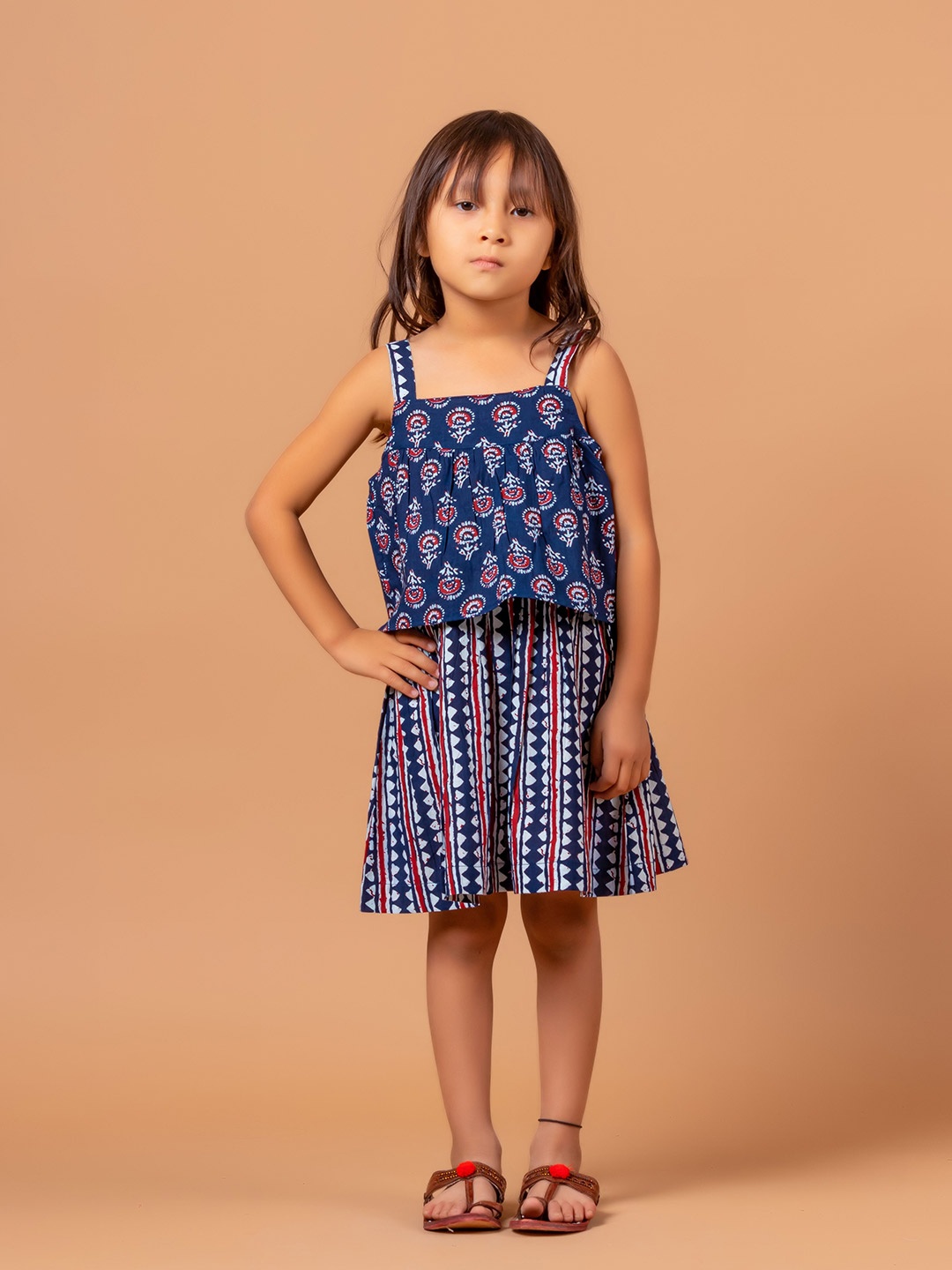 

Sangria Girls Printed Pure Cotton Layered A-Line Dress, Blue