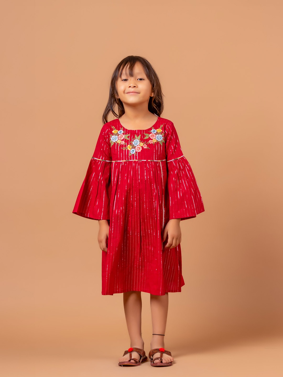 

Sangria Floral Embroidered Bell Sleeve Pure Cotton A-Line Dress, Red