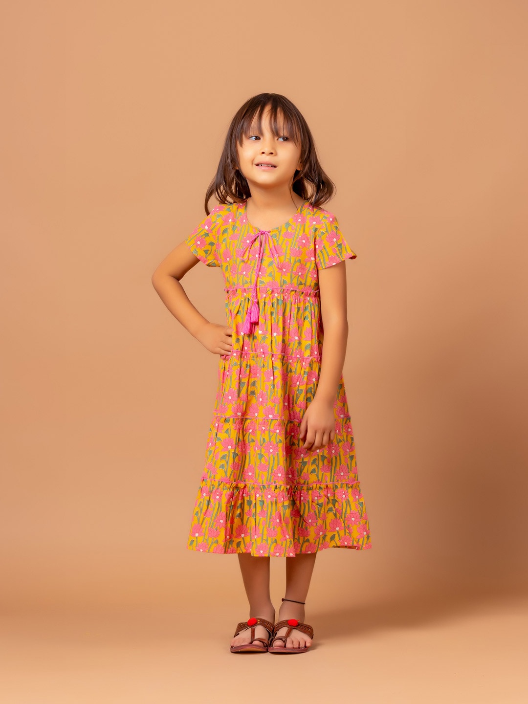 

Sangria Girls Yellow Floral Printed Pure Cotton A-Line Dress