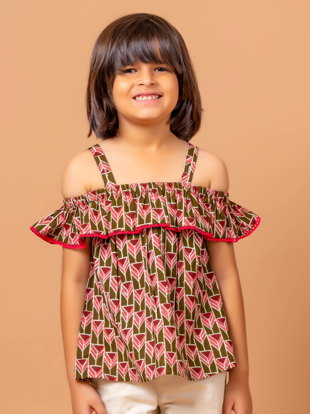 

Sangria Girls Geometric Printed Pure Cotton Bardot Top, Olive