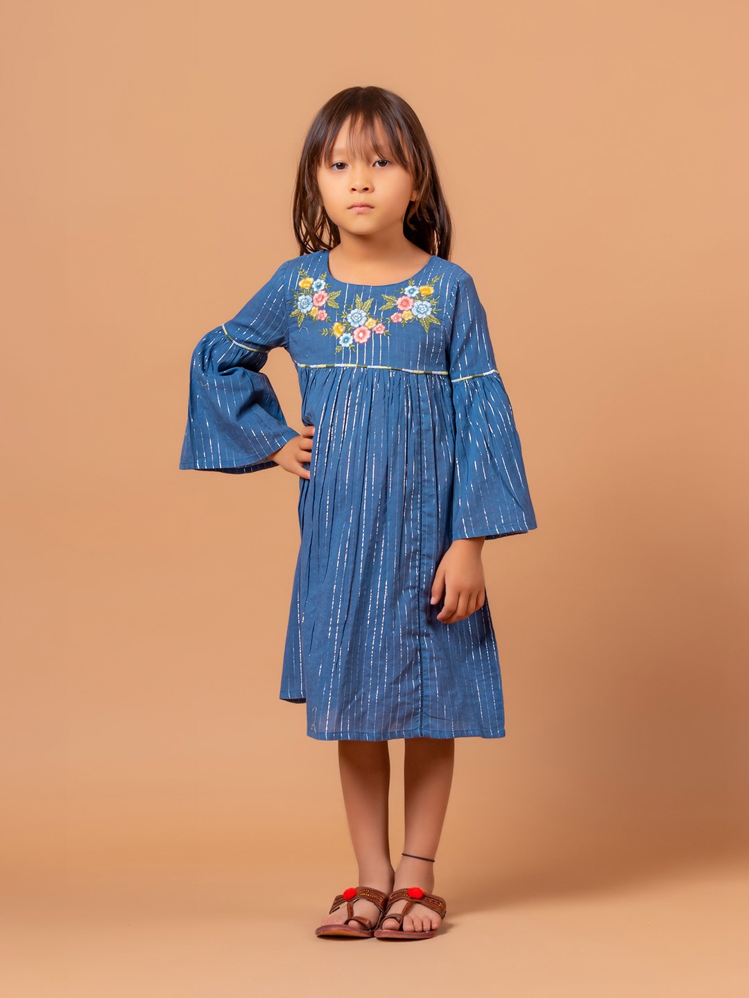 

Sangria Rihanna Girls Blue Embroidered Bell Sleeves Pure Cotton Dress