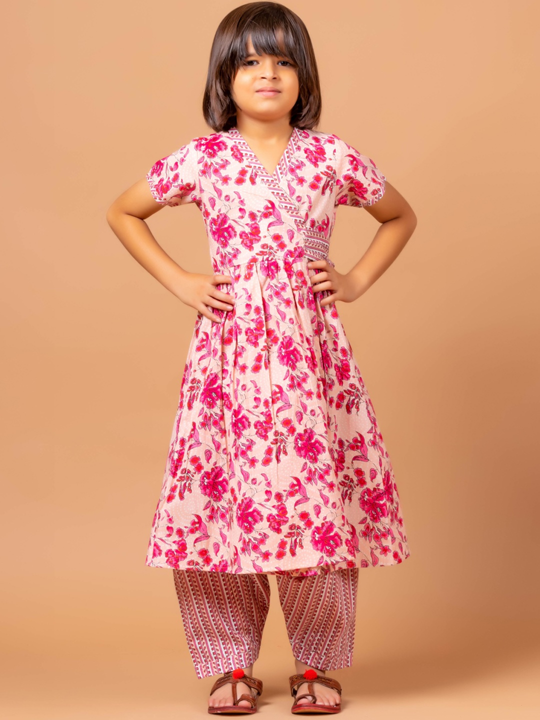 

Sangria Floral-Printed Pure-Cotton A-Line Kurta With Salwar, Pink