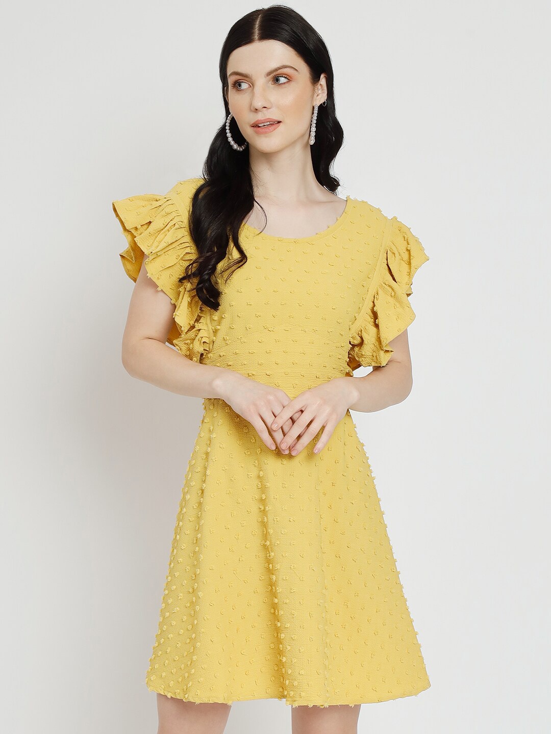 

Atsevam Self Design Flutter Sleeve Bow Detailed Cotton A-Line Dress, Yellow