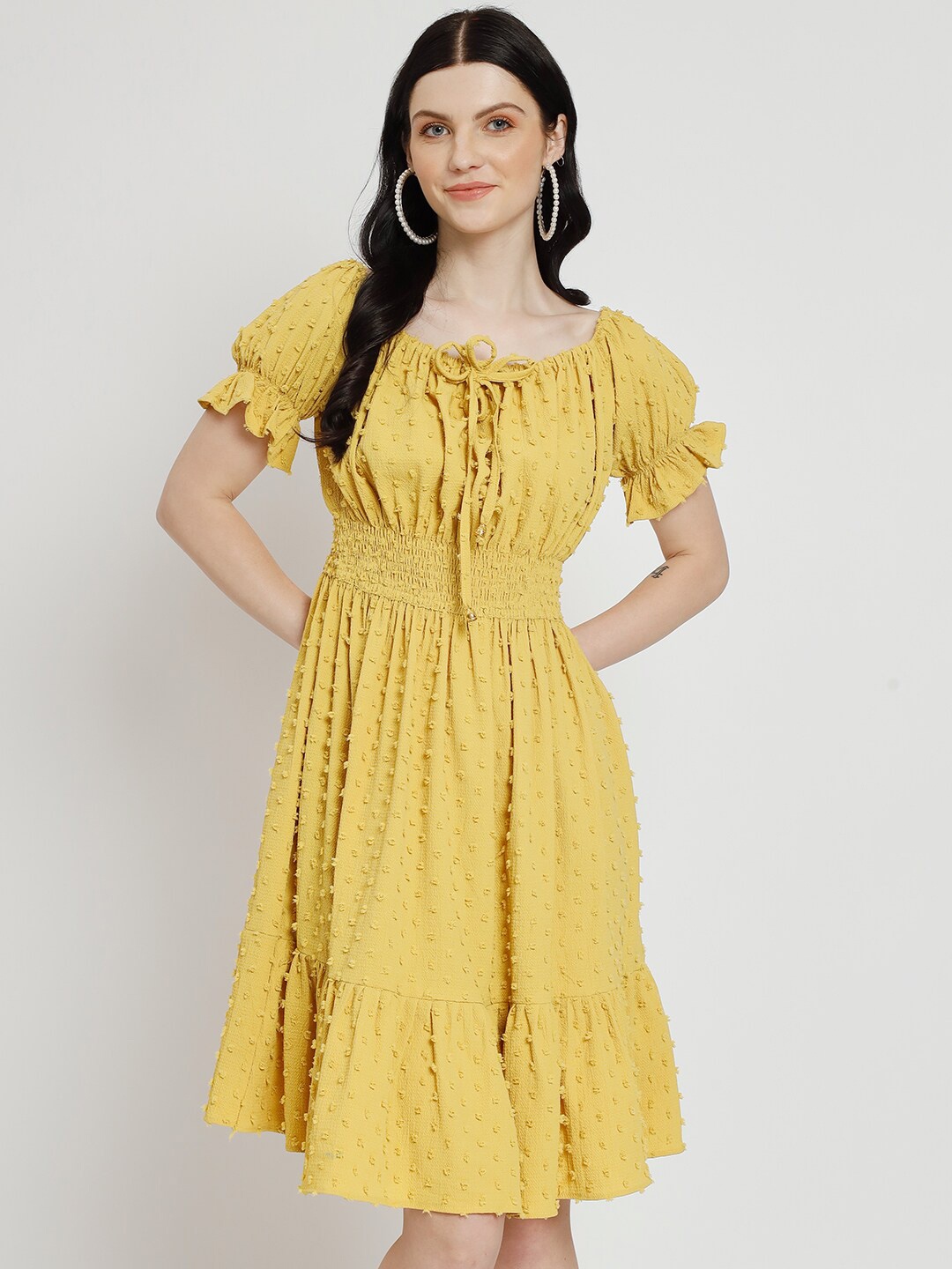 

Atsevam Self Design Puff Sleeve Smocked Cotton Fit & Flare Dress, Yellow
