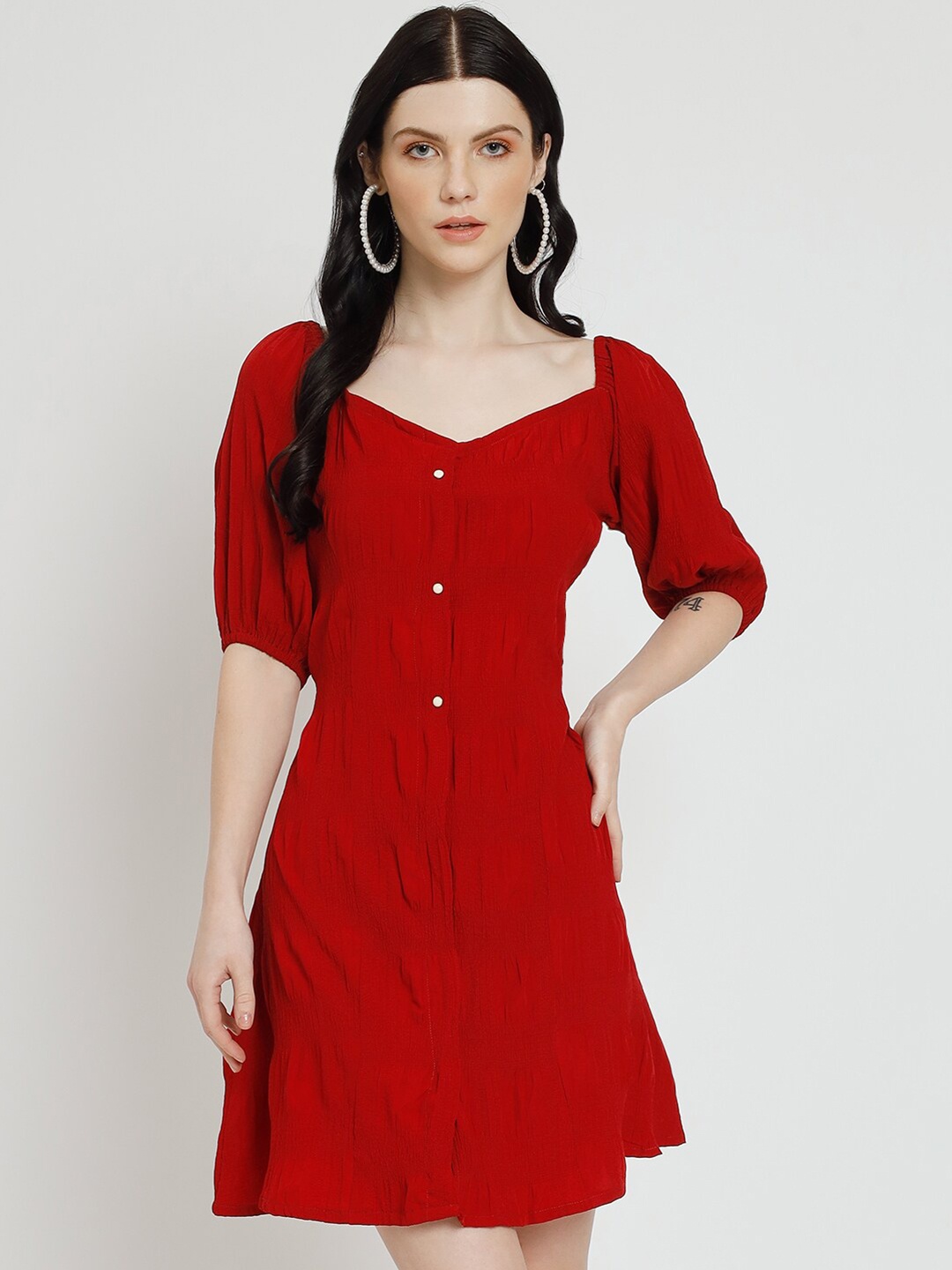 

Atsevam V Neck Puff Sleeves Cotton A Line Dress, Red