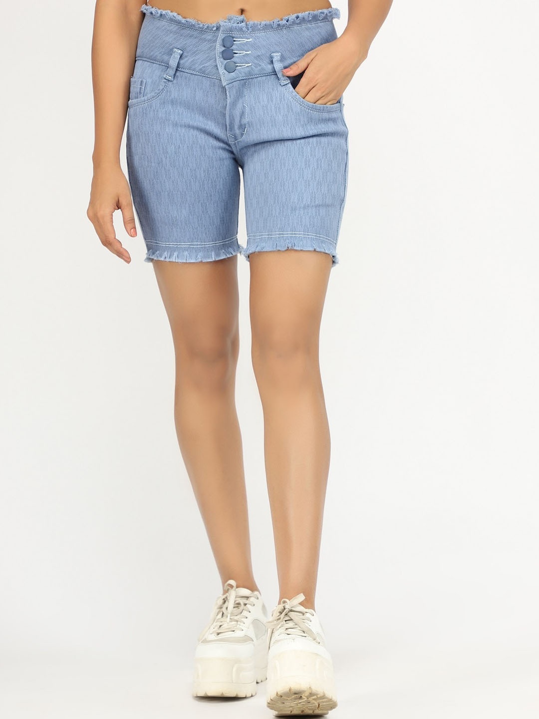 

BAESD Women Self Design Cotton Denim Shorts, Blue