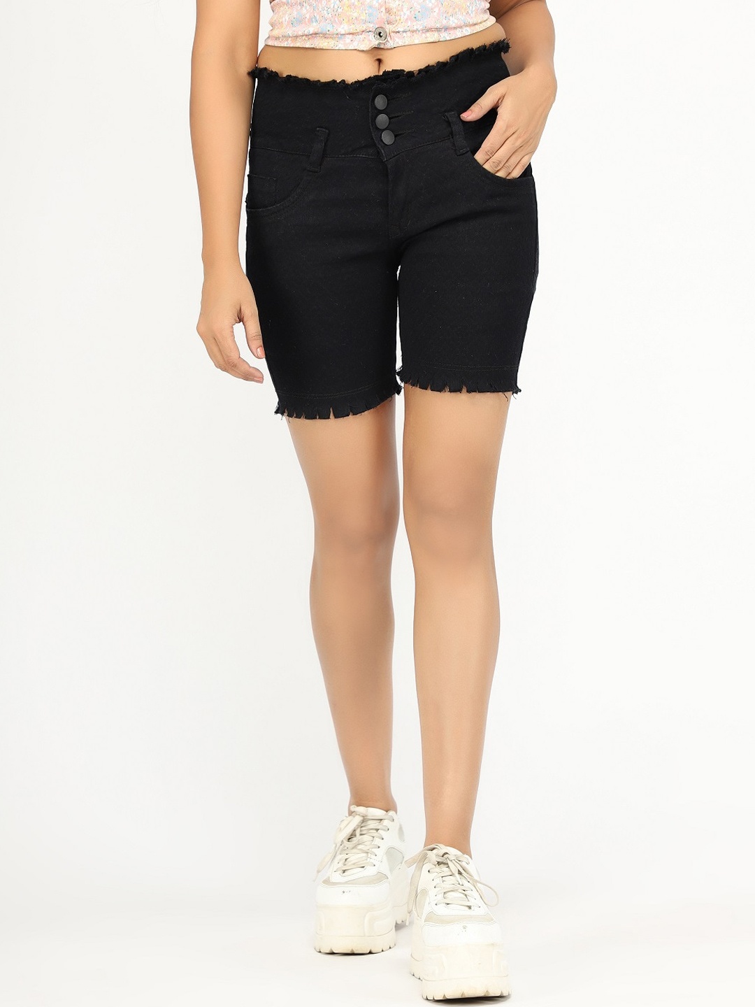 

BAESD Women Mid-Rise Cotton Denim Shorts, Black