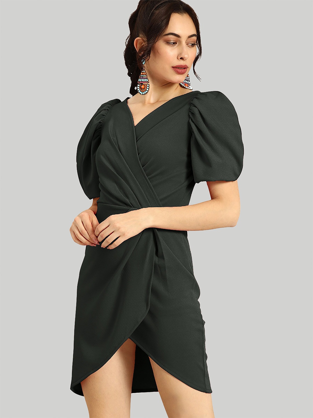 

LEE TEX V-Neck Puff Sleeve Tulip Hem Wrap Dress, Green