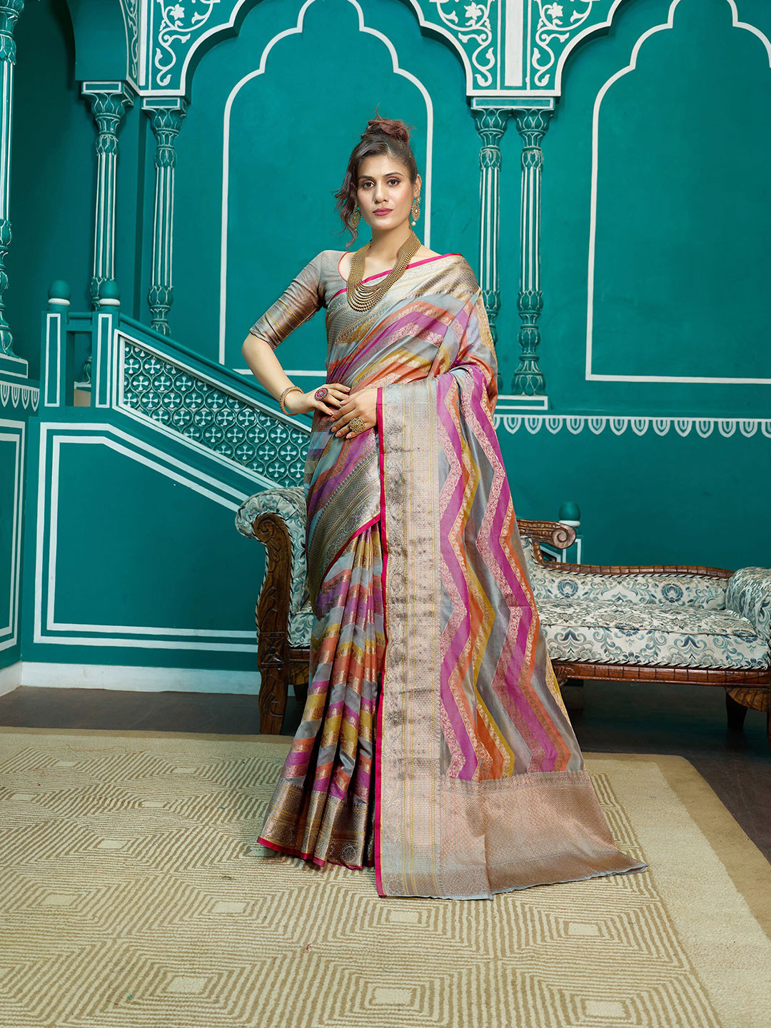

elora Striped Organza Banarasi Saree, Purple