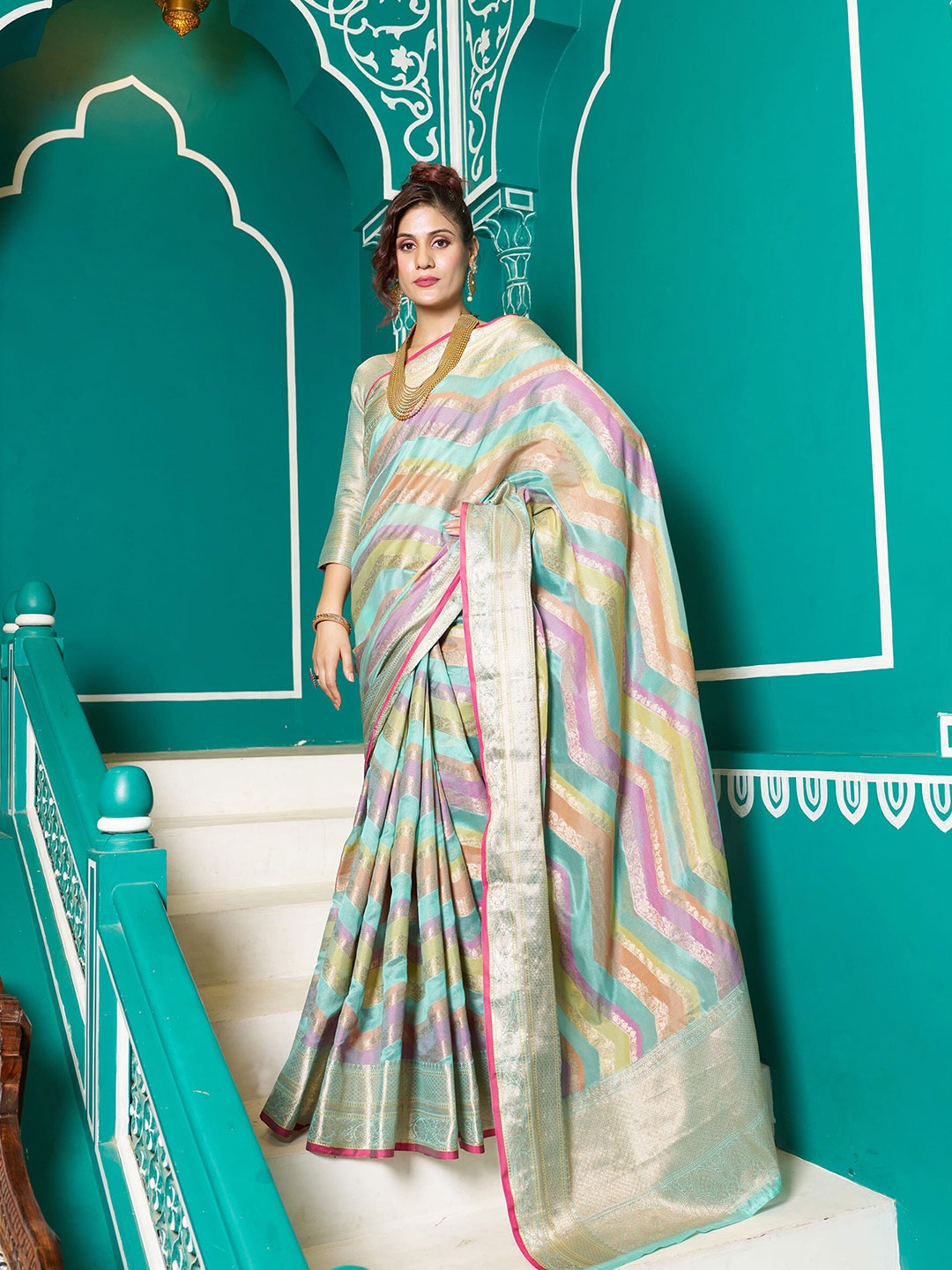 

elora Striped Organza Banarasi Saree, Grey
