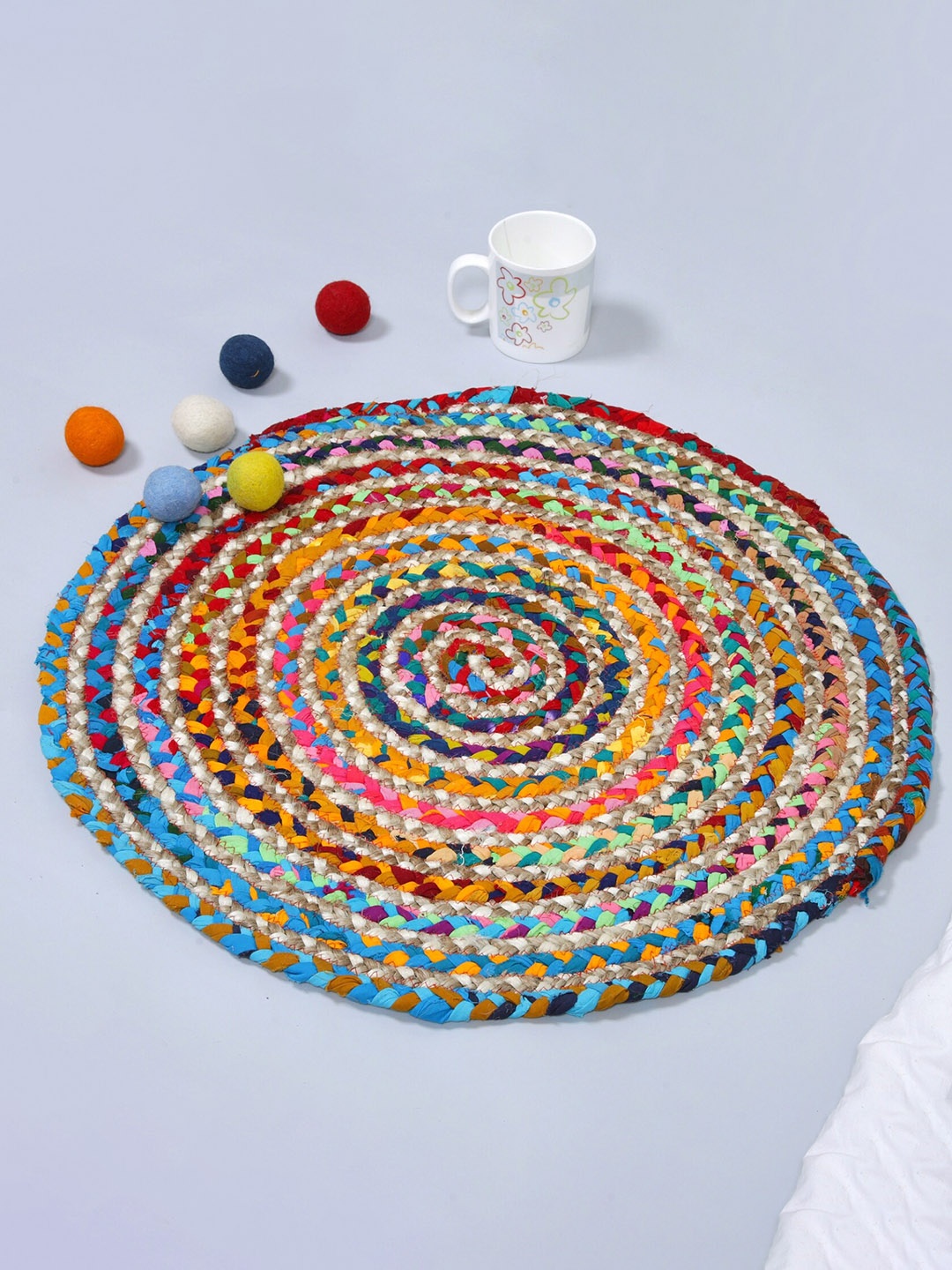 

HANDICRAFT PALACE Blue & Yellow Braided Circular Jute Carpet