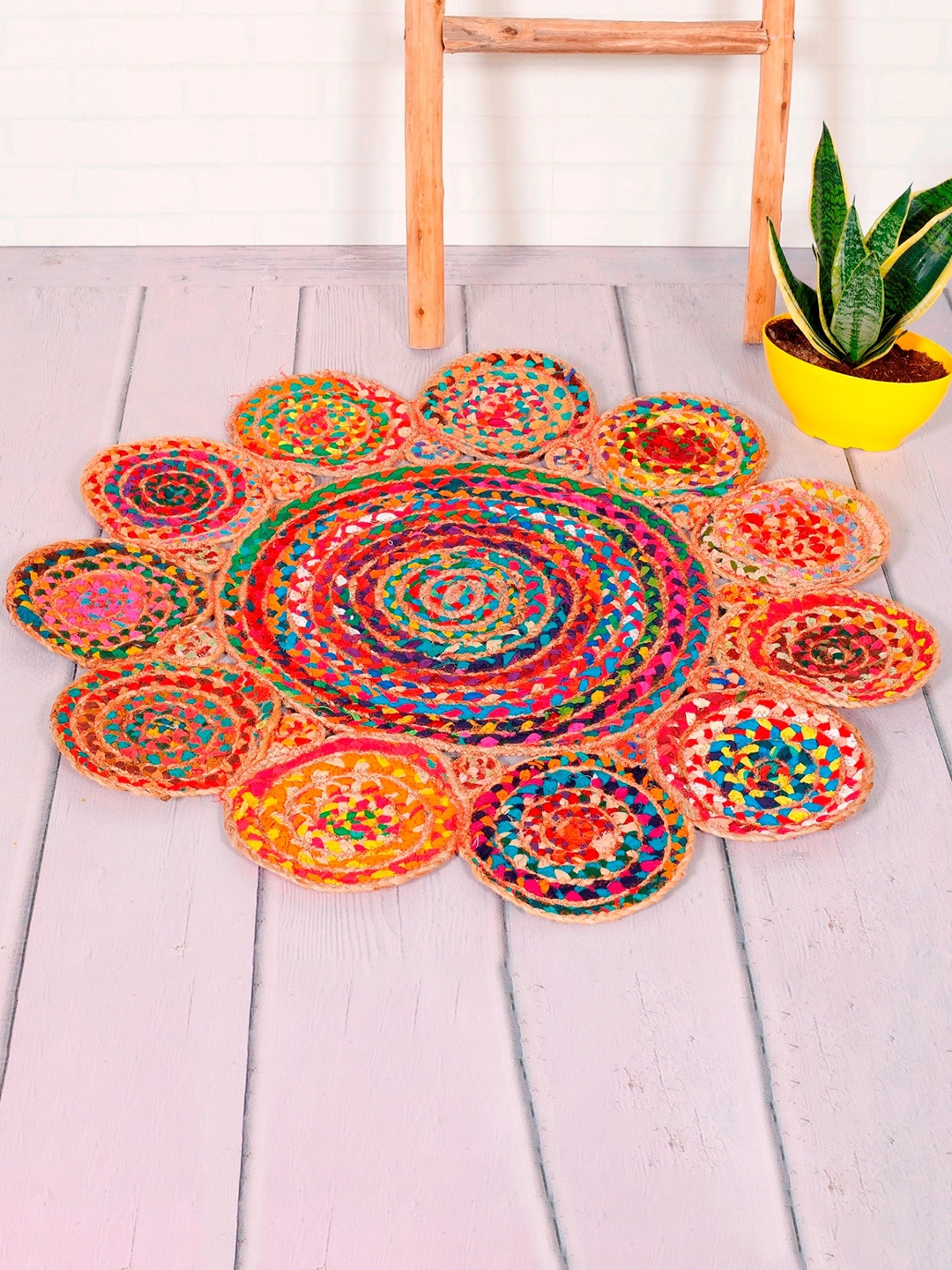 

HANDICRAFT PALACE Red & Yellow Braided Circular Jute Carpet