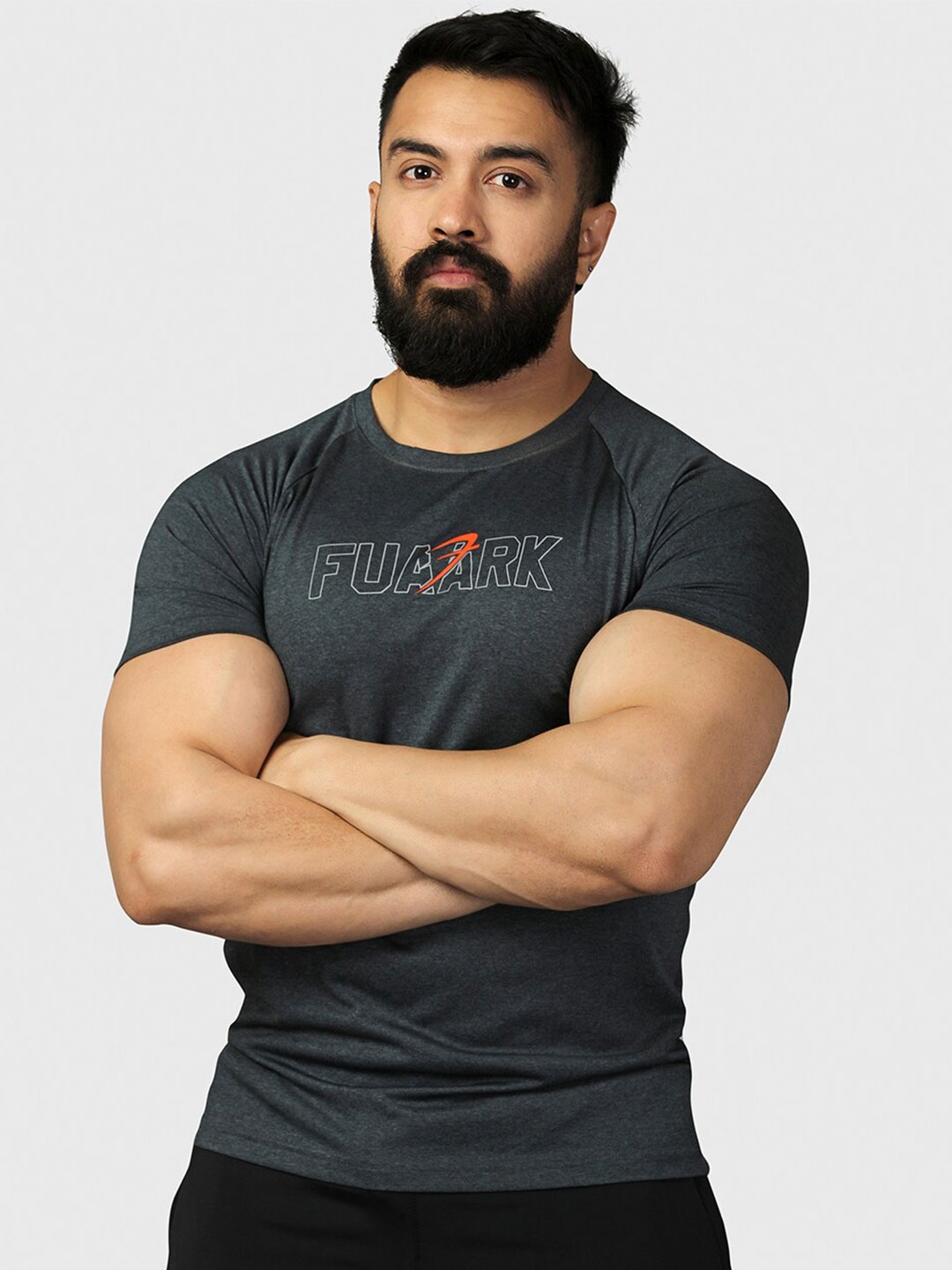 

FUAARK Typography Printed Anti Odour Raglan Sleeves Training & Gym Sports Slim Fit T-shirt, Grey