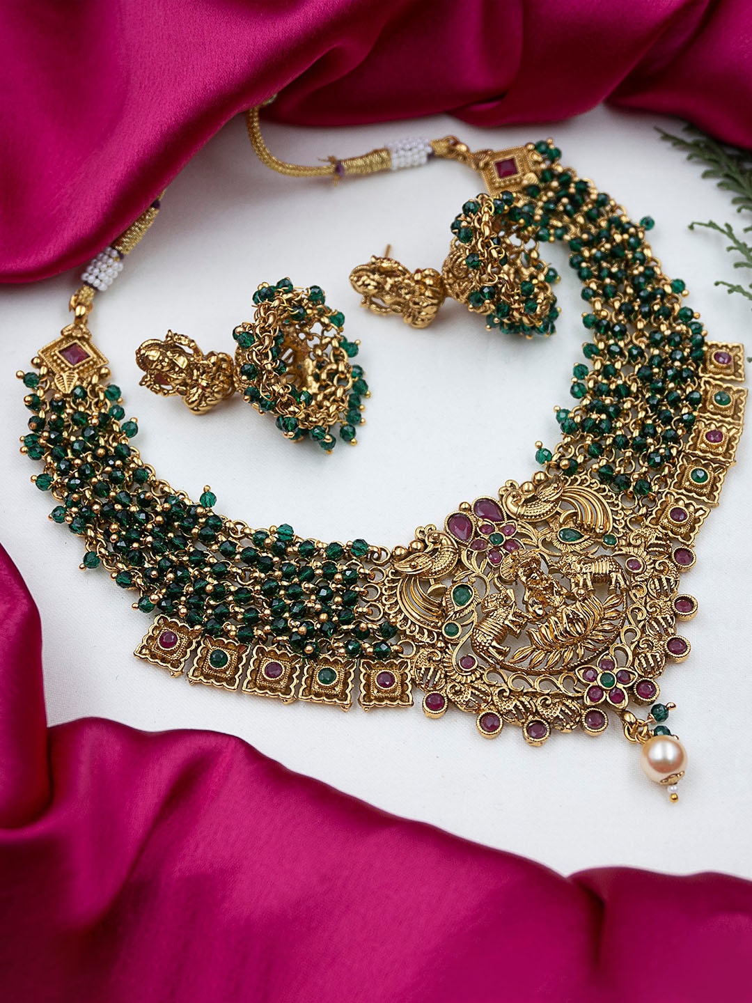 

StileAdda Gold-Plated Stone Studded & Beaded Temple Jewellery Set