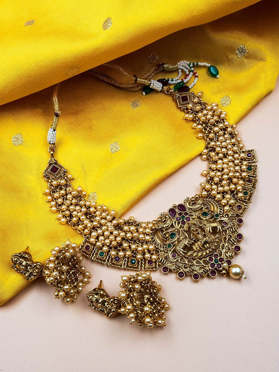 

StileAdda Gold-Plated Crystal Studded & Beaded Temple Jewellery Set