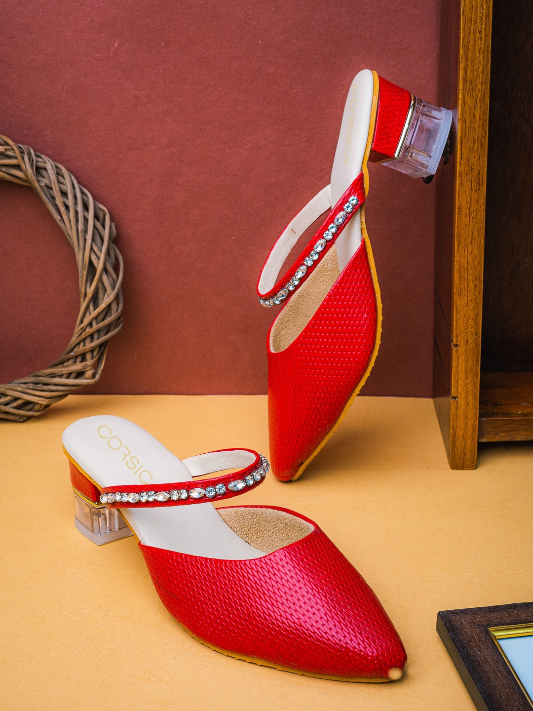 

CORSICA Embellished Leather Block Heel Mules, Red