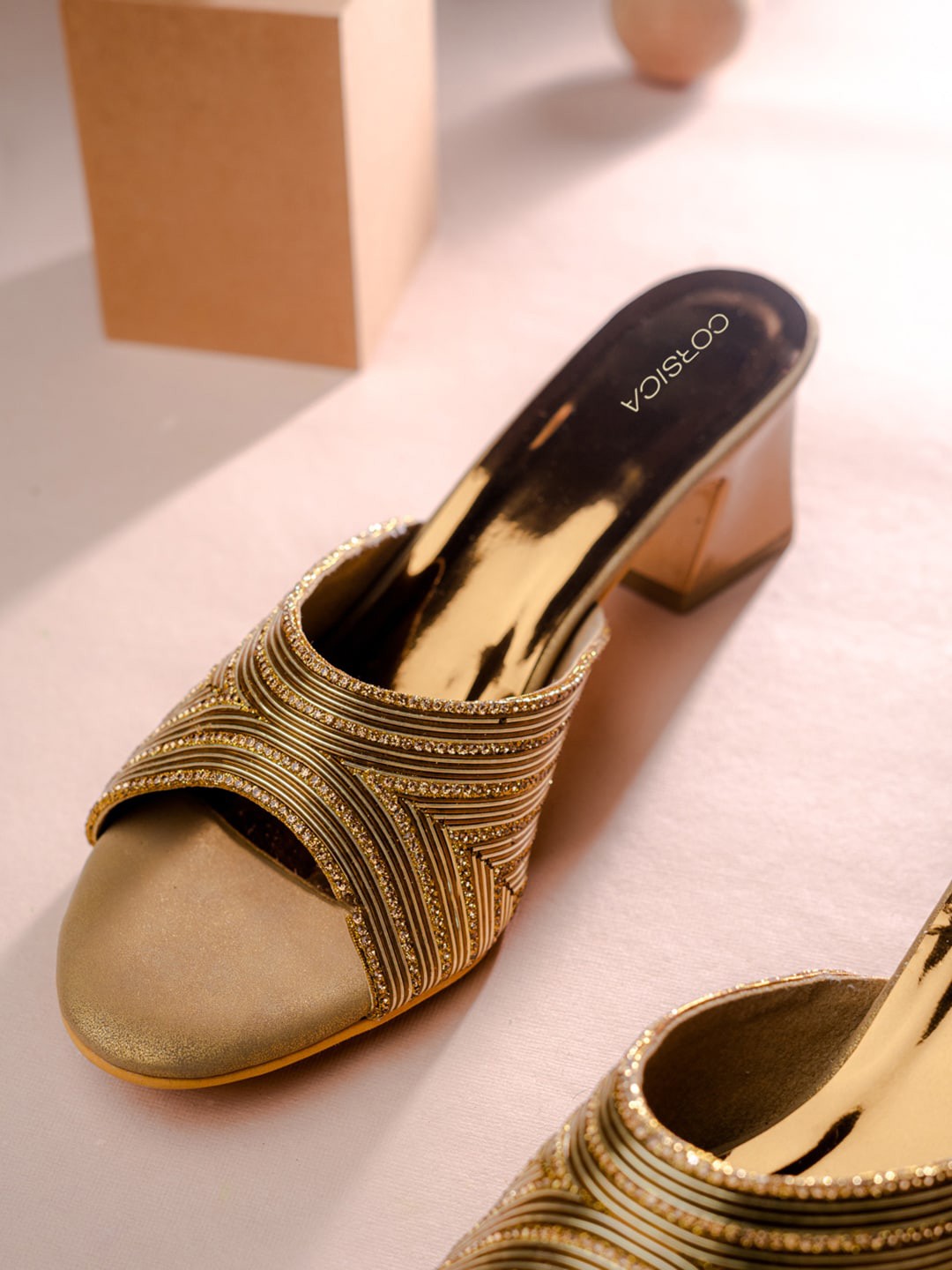

CORSICA Embellished Open Toe Block Heels, Gold