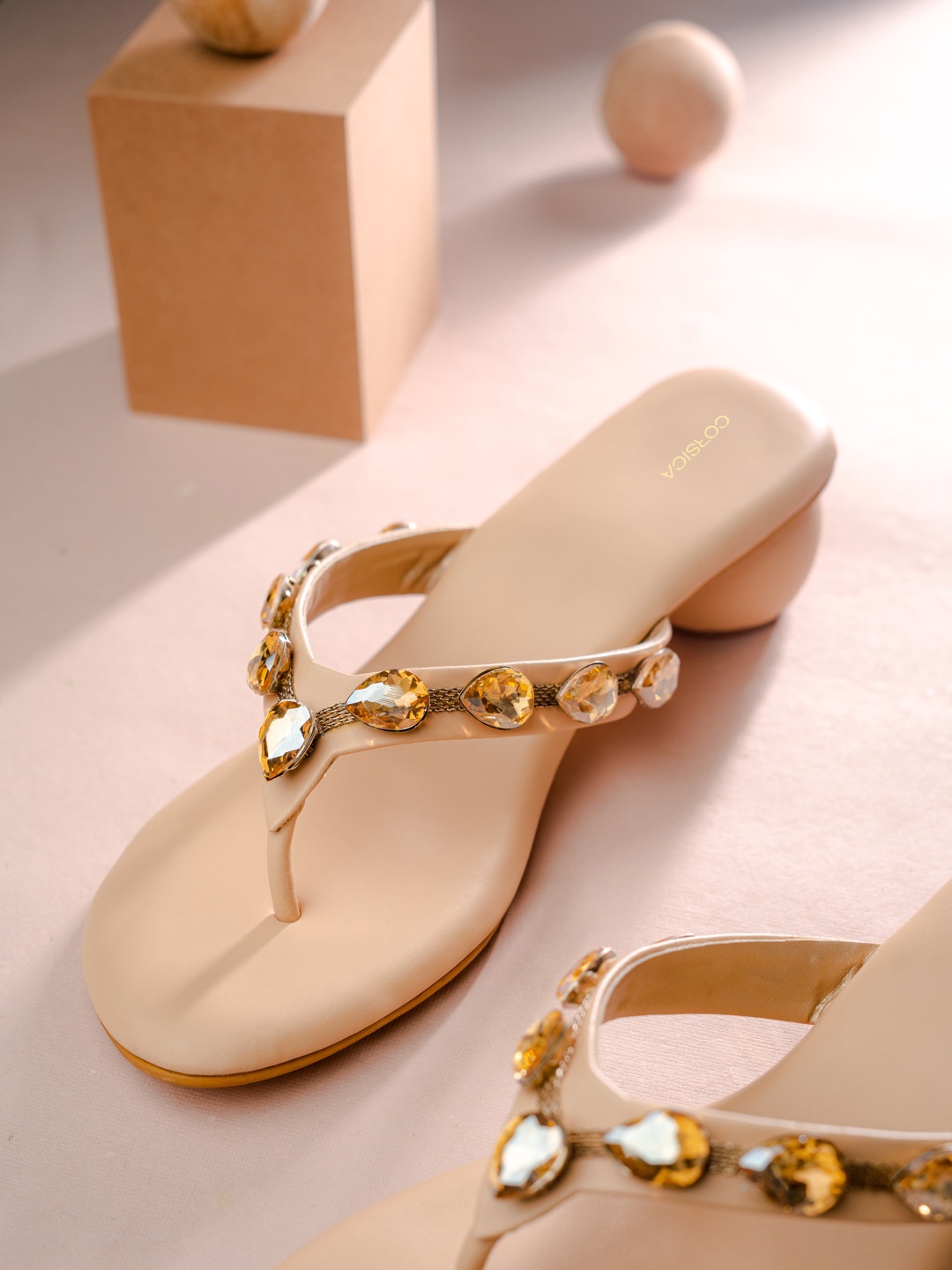 

CORSICA Embellished Block Heels, Beige