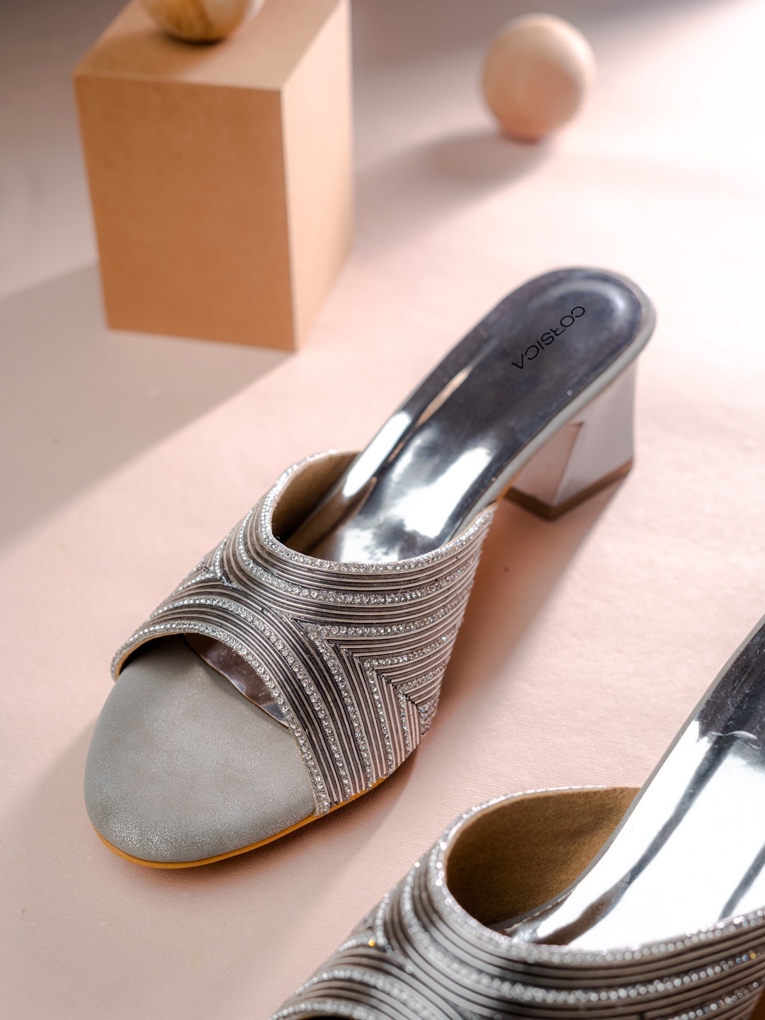 

CORSICA Embellished Block Heel Mules, Silver