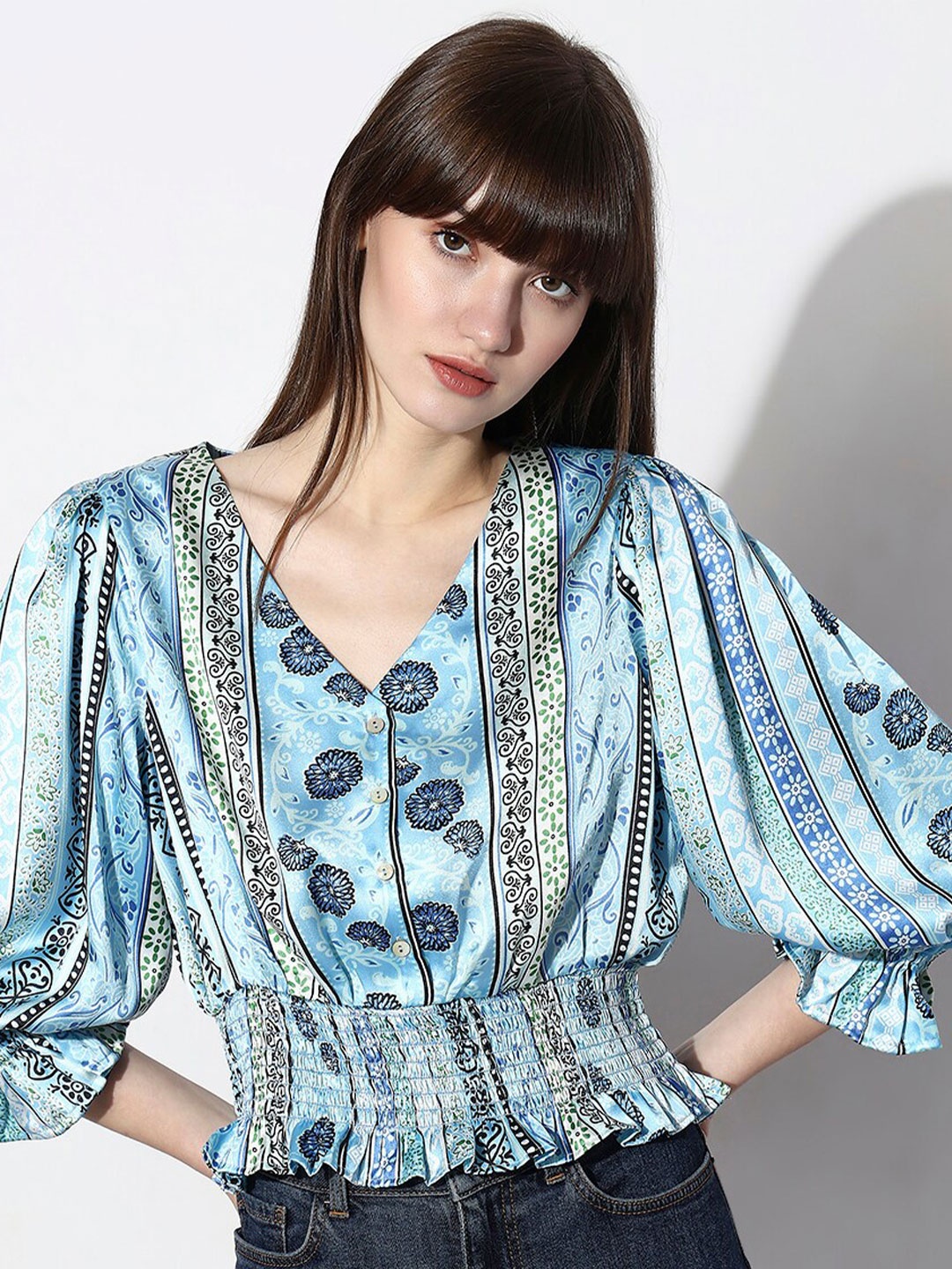 

Vero Moda Floral Printed Puff Sleeves Smocked Cinched Waist Top, Blue