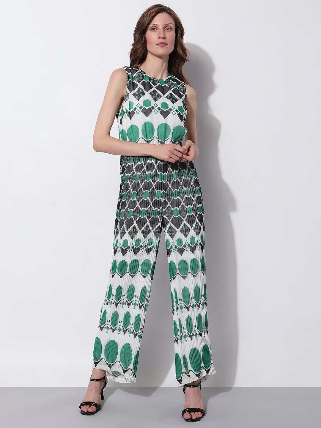 

Vero Moda Sleeveless Geometric Printed Basic Jumpsuit, Green