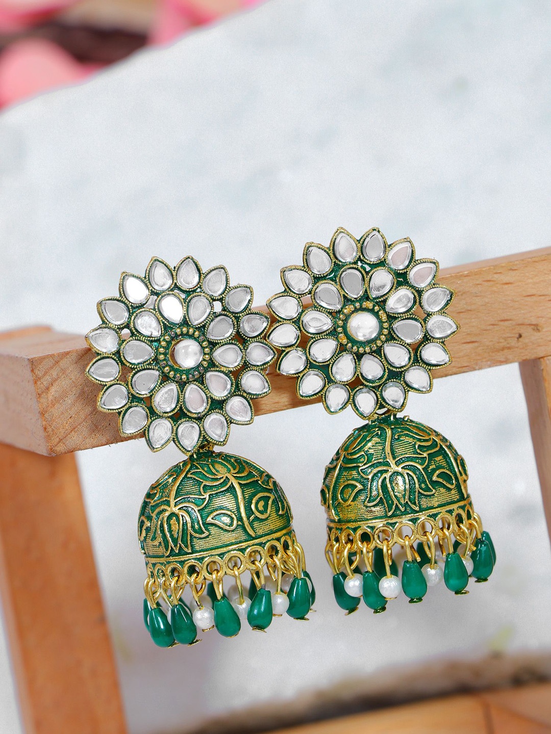 

Crunchy Fashion Gold-Plated Artificial Stones & Beads Contemporary Jhumkas Earrings