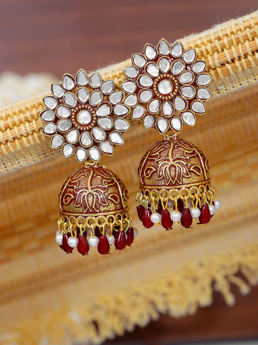 

Crunchy Fashion Gold-Plated Artificial Stones & Beads Contemporary Jhumkas Earrings