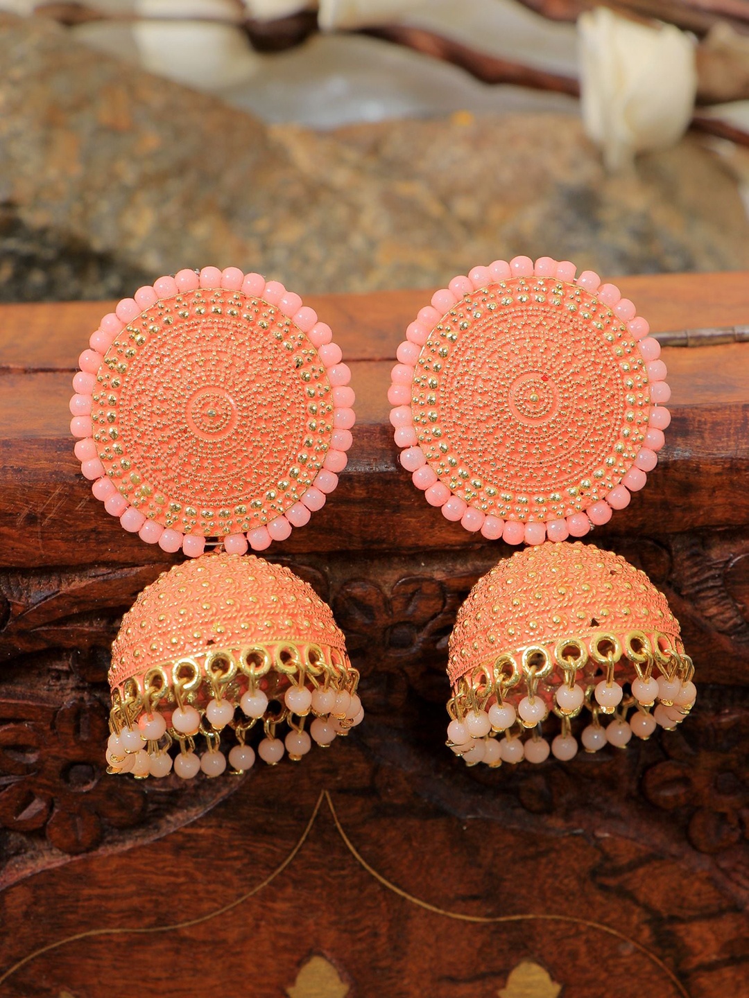 

Crunchy Fashion Gold-Plated Artificial Stones & Beads Contemporary Jhumkas Earrings
