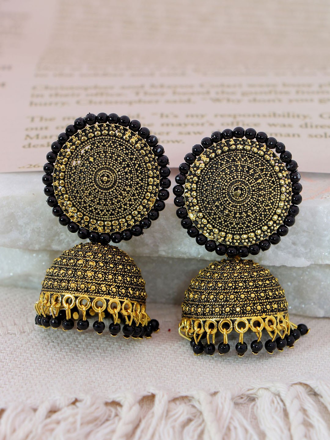 

Crunchy Fashion Gold-Plated Artificial Stones & Beads Contemporary Jhumkas Earrings
