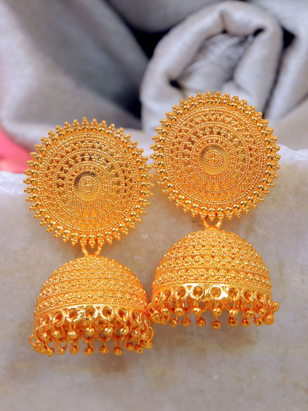 

Crunchy Fashion Gold-Plated Artificial Stones & Beads Contemporary Jhumkas Earrings