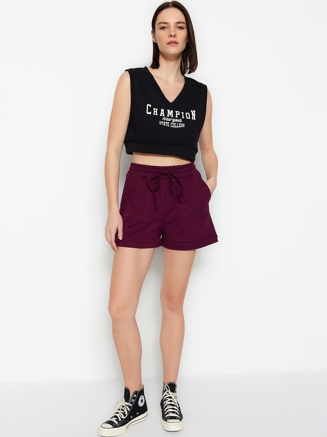 

Trendyol Women High-Rise Regular Pure Cotton Shorts, Maroon