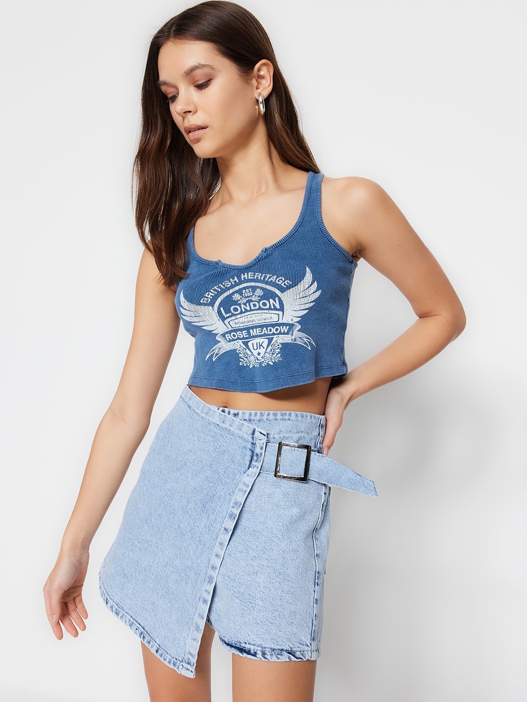 

Trendyol Women High-Rise Pure Cotton Denim Skorts, Blue