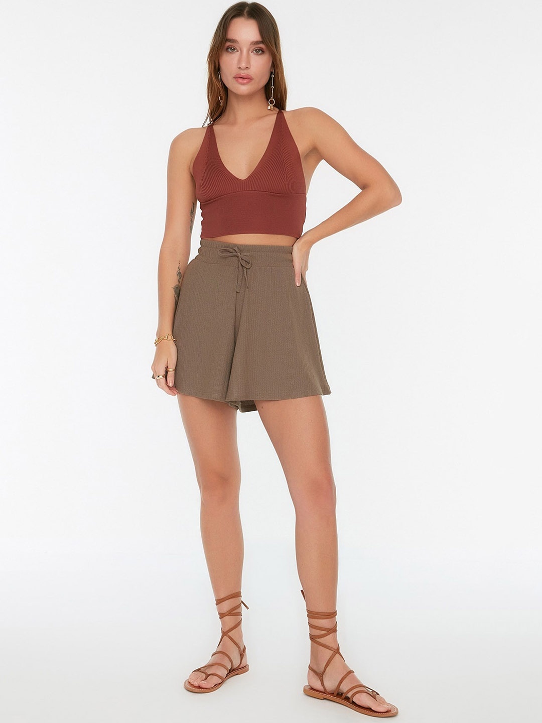

Trendyol Women Mid-Rise Loose Fit Shorts, Brown