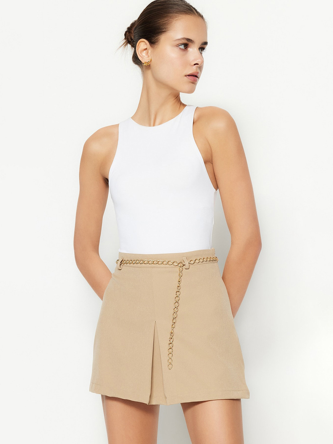 

Trendyol Women High-Rise Mini Length Skorts, Beige