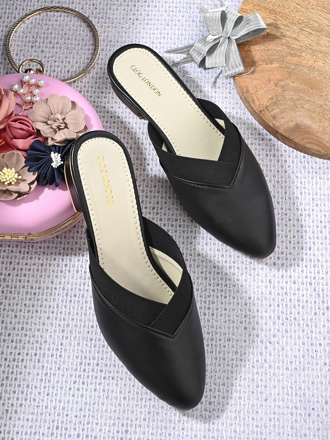 

CLOG LONDON Pointed Toe Block Mules, Black