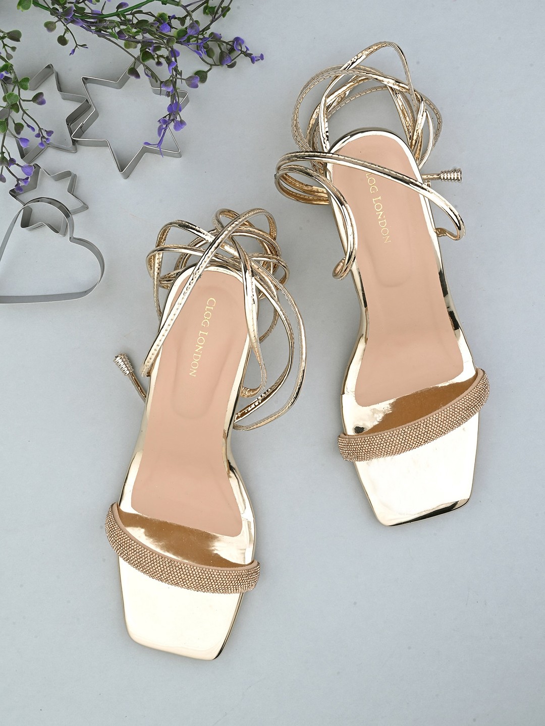 

CLOG LONDON Embellished Block Heel Gladiators, Gold