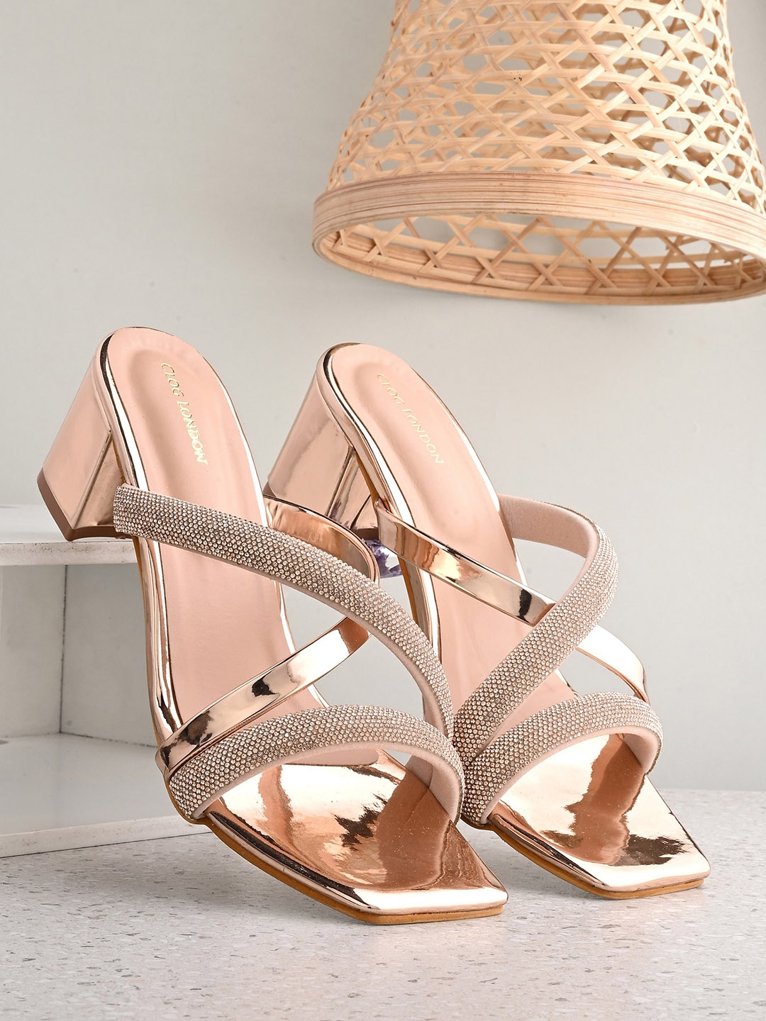 

CLOG LONDON Embellished Cross Strap Open Toe Block Heels, Copper
