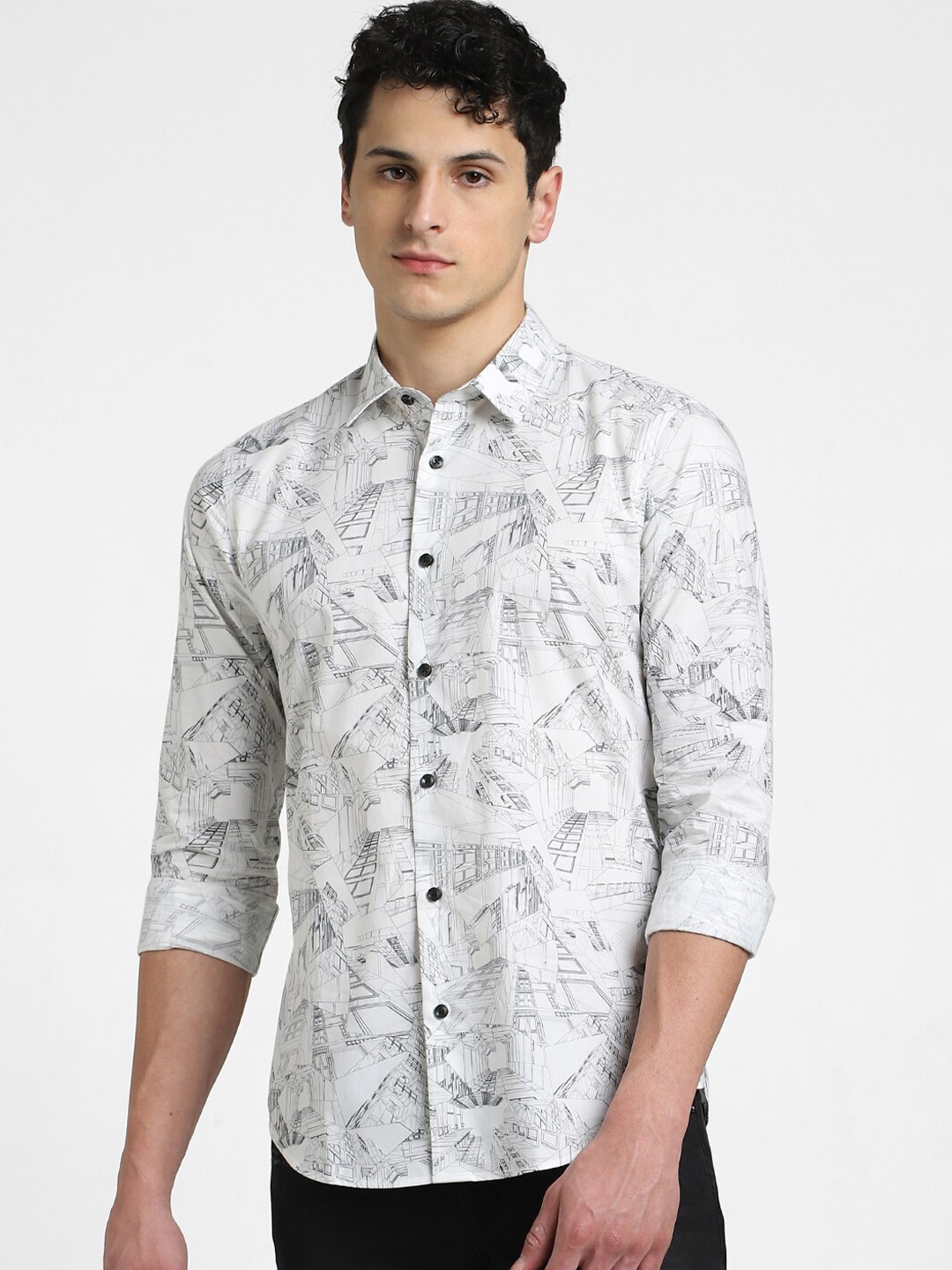 

Jack & Jones Graphic Printed Cotton Slim Fit Casual Shirt, White