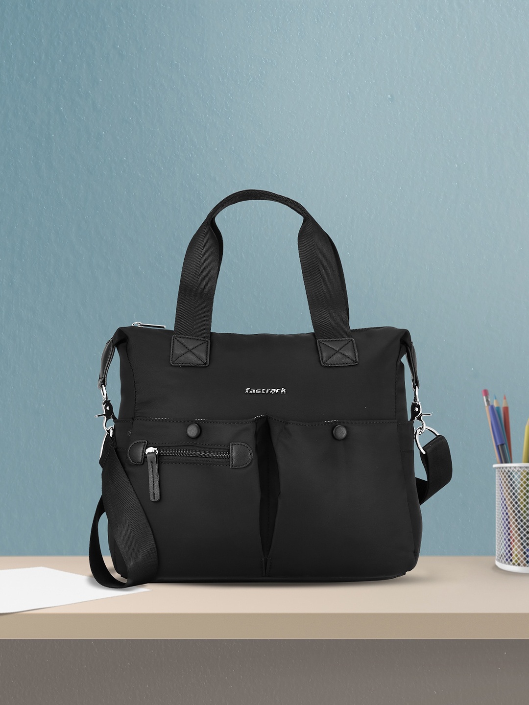 

Fastrack PU Structured Satchel Bag, Black