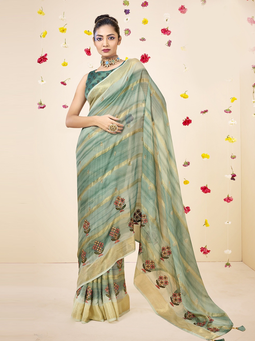 

Triveni Striped Zari Pure Chiffon Saree, Blue