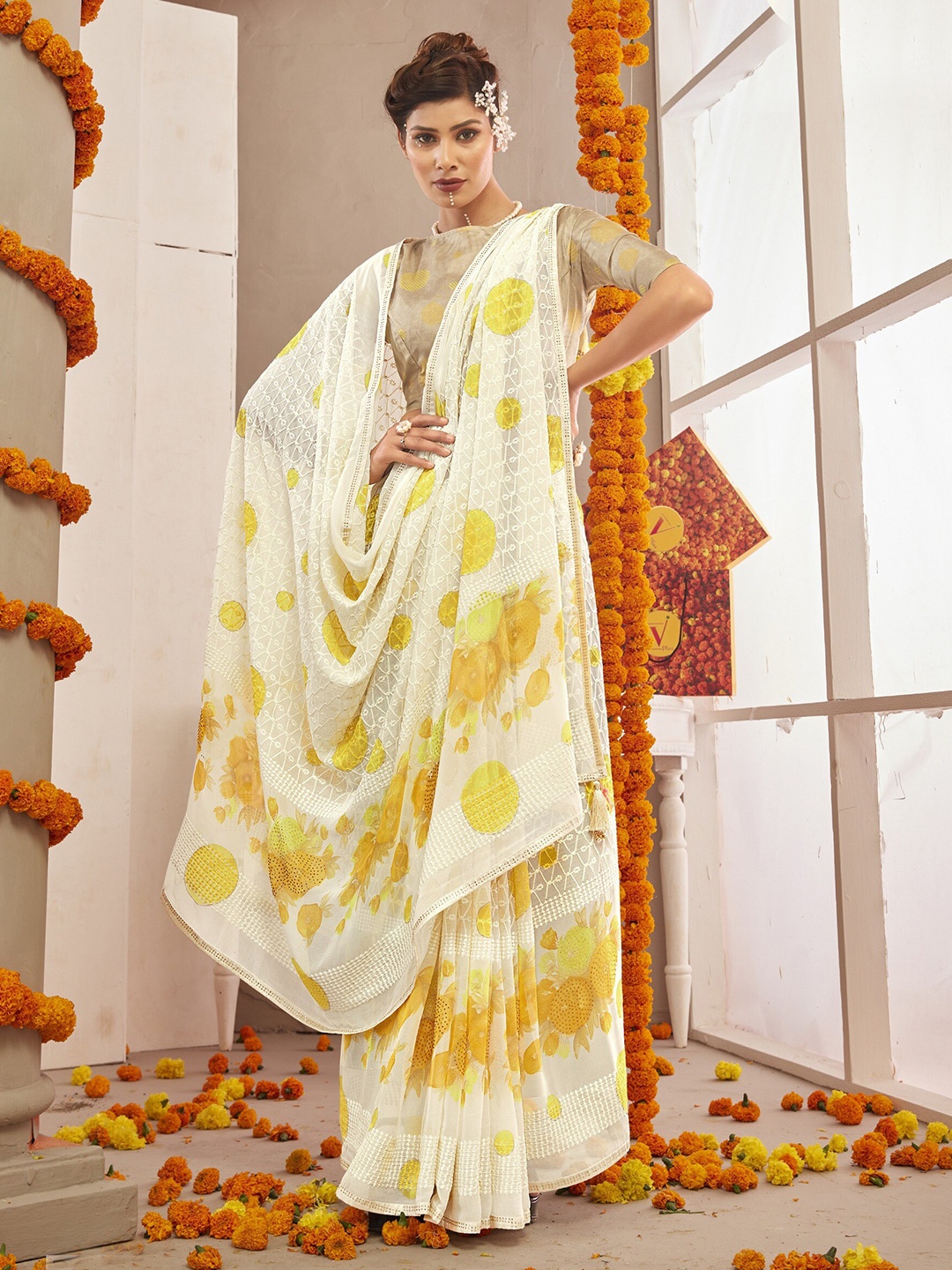 

Triveni Ethnic Embroidered Pure Georgette Saree, White