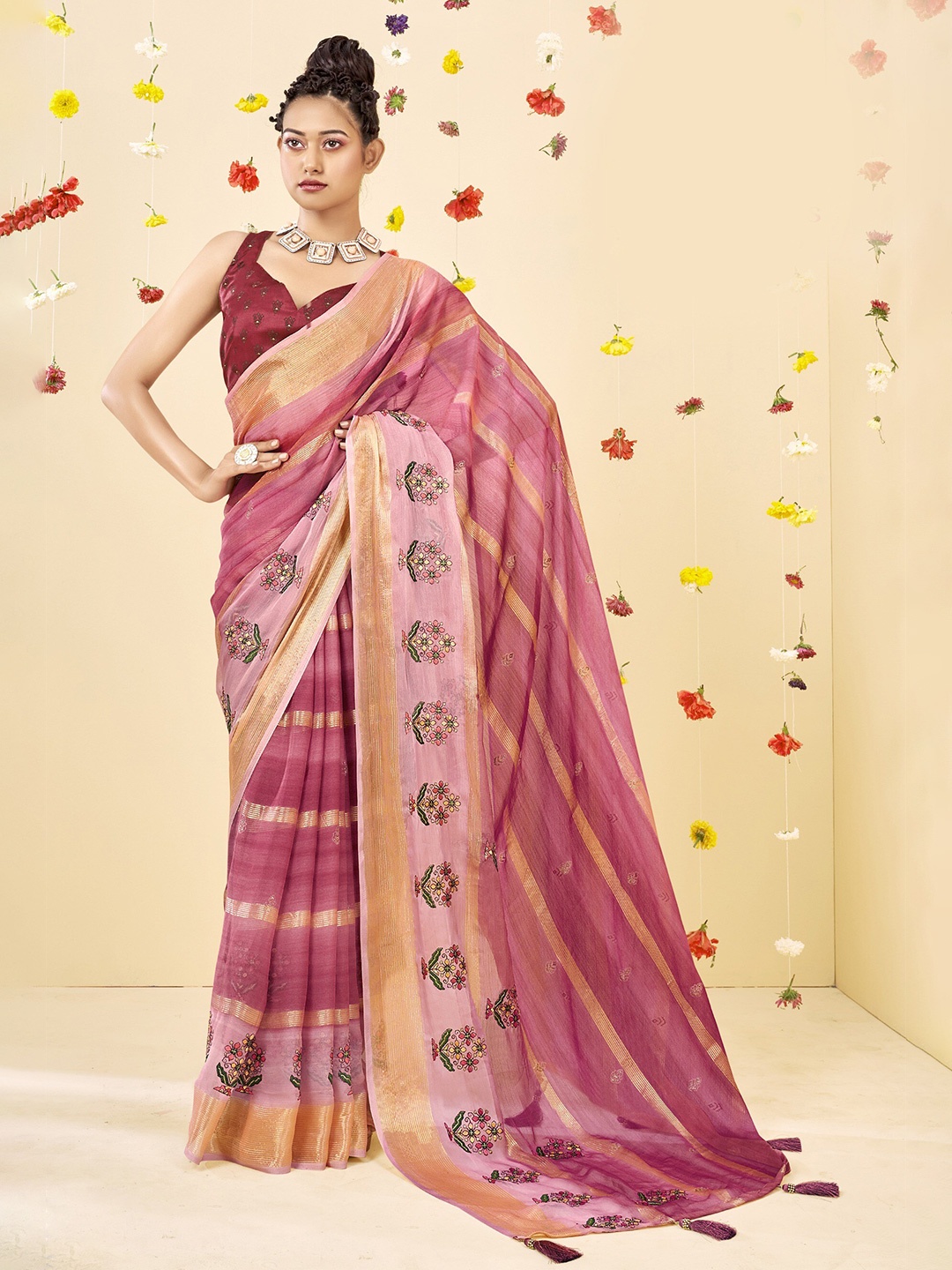 

Triveni Violet & Striped Zari Pure Chiffon Saree