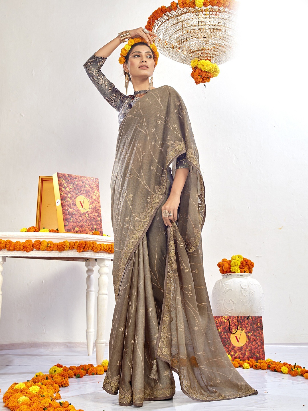 

Triveni Floral Embroidered Brasso Saree, Brown