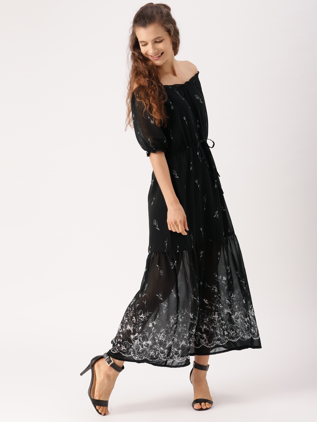 

DressBerry Women Black Printed Off-shoulder A-Line Maxi Dress